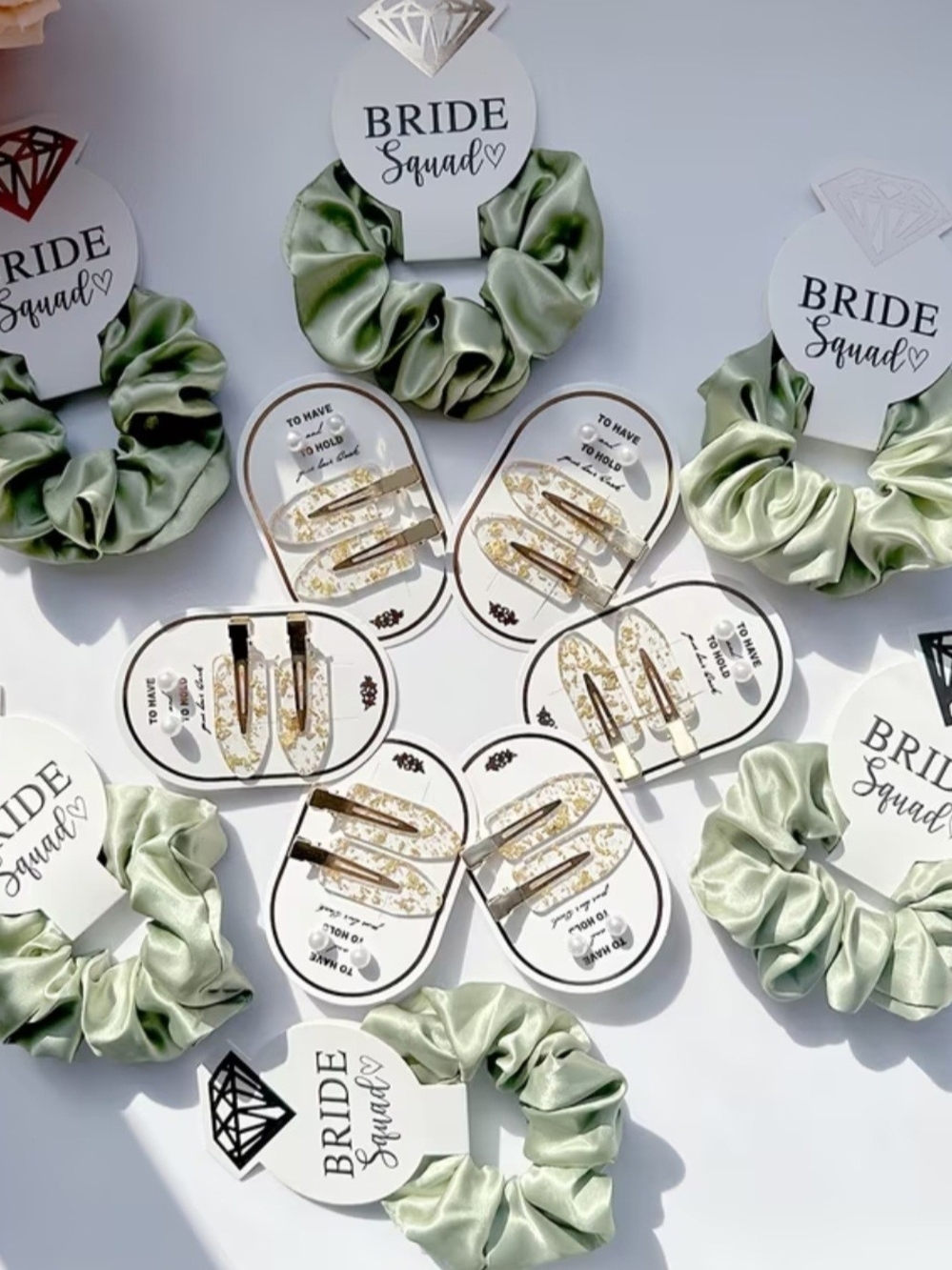 Bride Squad Sage Green Satin Scrunchie and Gold Hair Clip Set With Earrings